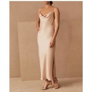 BHLDN Cali Satin Cowl-Neck Midi Slip Dress Blush Pink 8